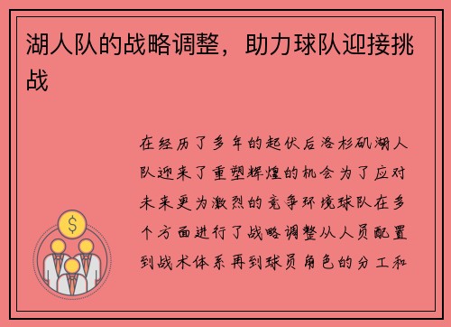 湖人队的战略调整,助力球队迎接挑战