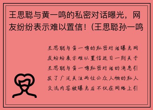 王思聪与黄一鸣的私密对话曝光，网友纷纷表示难以置信！(王思聪孙一鸣聊天记录)