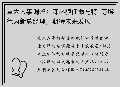 重大人事调整：森林狼任命马特-劳埃德为新总经理，期待未来发展