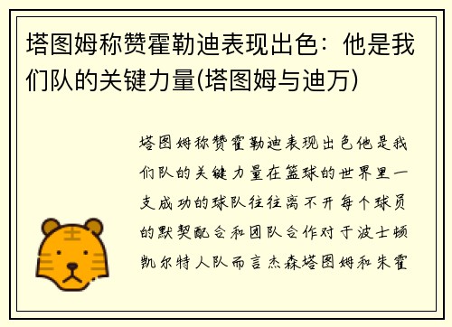 塔图姆称赞霍勒迪表现出色:他是我们队的关键力量(塔图姆与迪万)