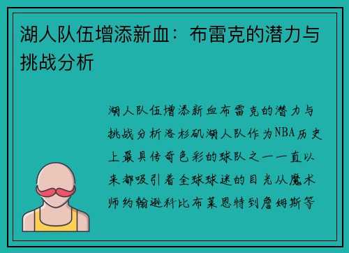 湖人队伍增添新血：布雷克的潜力与挑战分析
