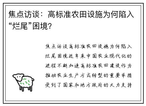 焦点访谈：高标准农田设施为何陷入“烂尾”困境？