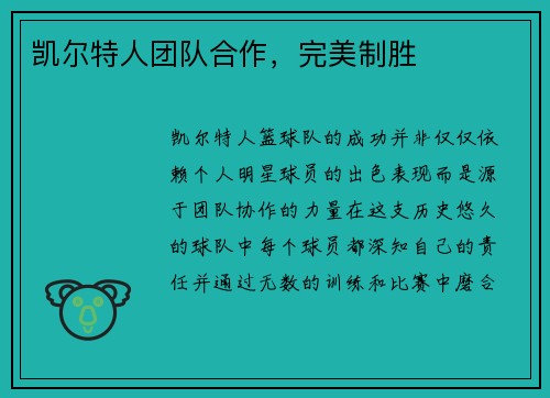 凯尔特人团队合作，完美制胜
