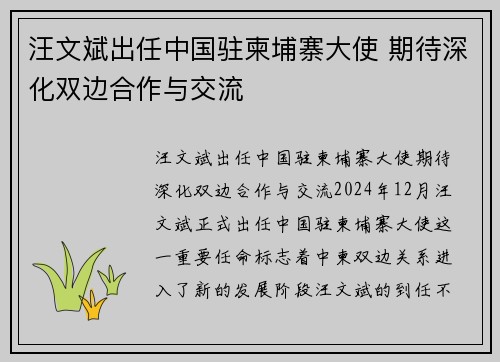 汪文斌出任中国驻柬埔寨大使 期待深化双边合作与交流